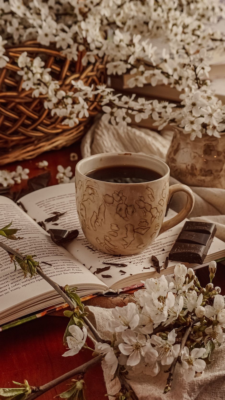 Download Wallpaper 938x1668 Cup, Tea, Chocolate, Book, Flowers Iphone 8 7 6s 6 For Parallax HD Background