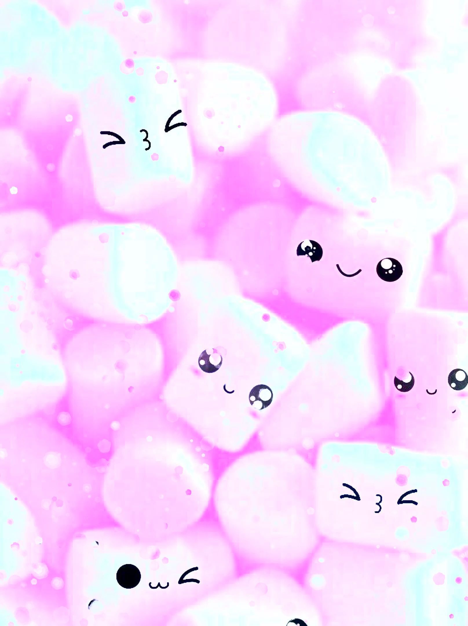 A wallpaper of cute pink and blue marshmallows with faces on them. - Marshmallows