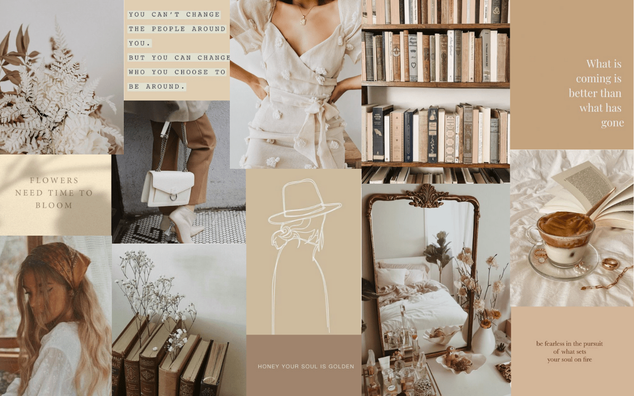 A collage of photos in a warm, neutral color palette including books, a bookshelf, a plant, and a cup of tea. - Warm