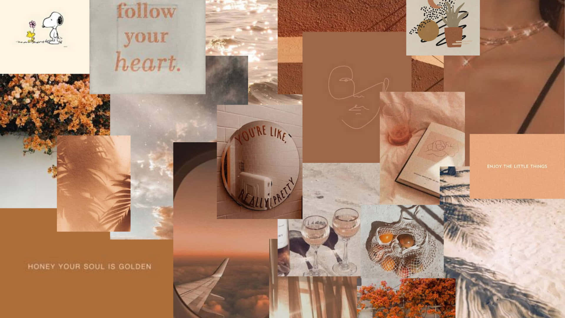 Collage of photos and words in shades of brown, beige, and orange. - Warm