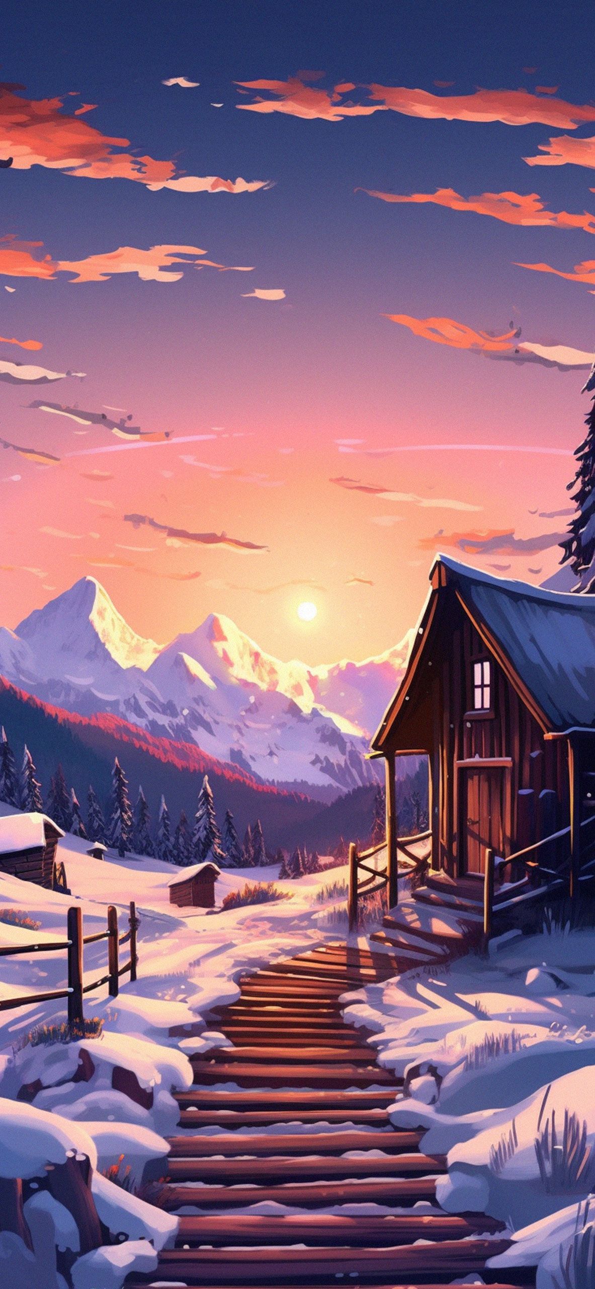 A beautiful house in the mountains with snow all around - Winter, mountain, illustration, sunrise, HD