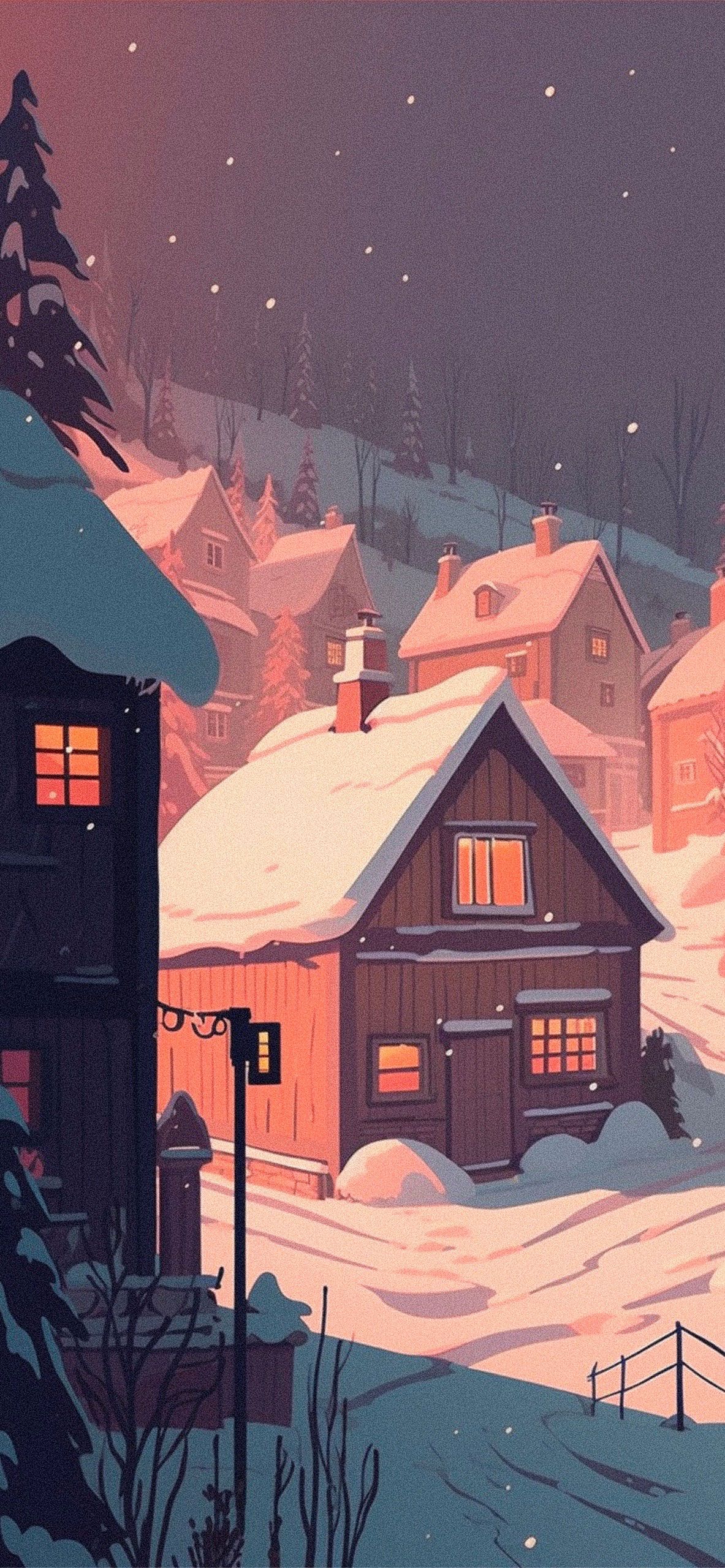 IPhone wallpaper of a cozy cabin in the woods with snow all around - Winter