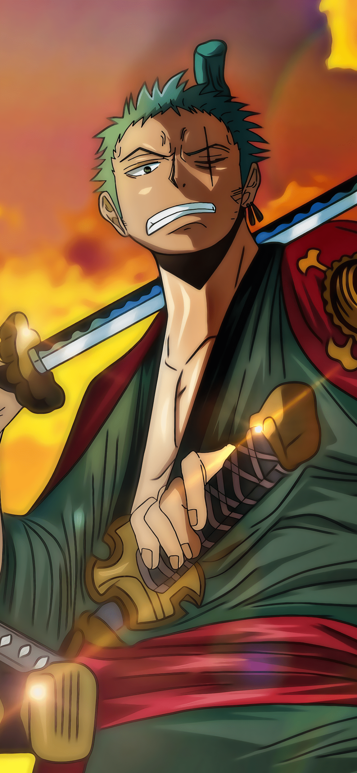 Roronoa Zoro, one of the Straw Hat Pirates, holding his swords with a sunset in the background - One Piece