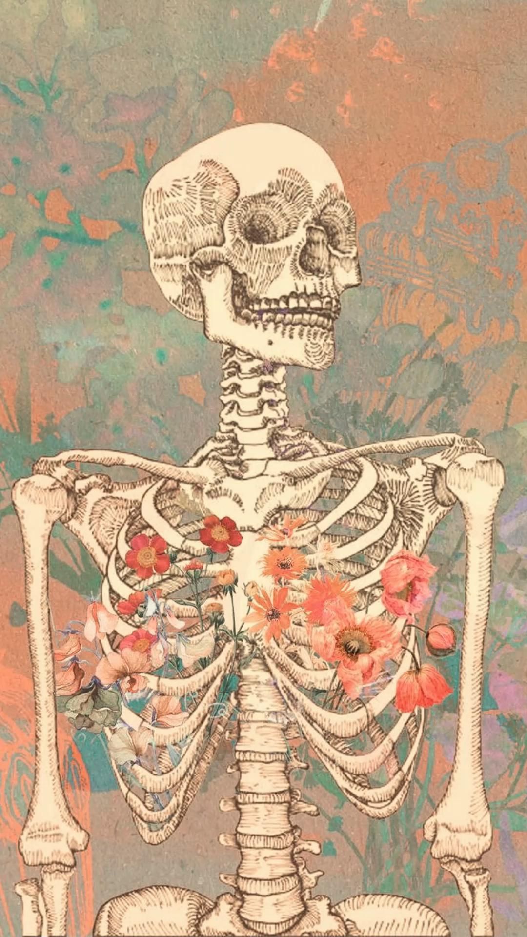 IPhone wallpaper skeleton with flowers in the chest - Anatomy