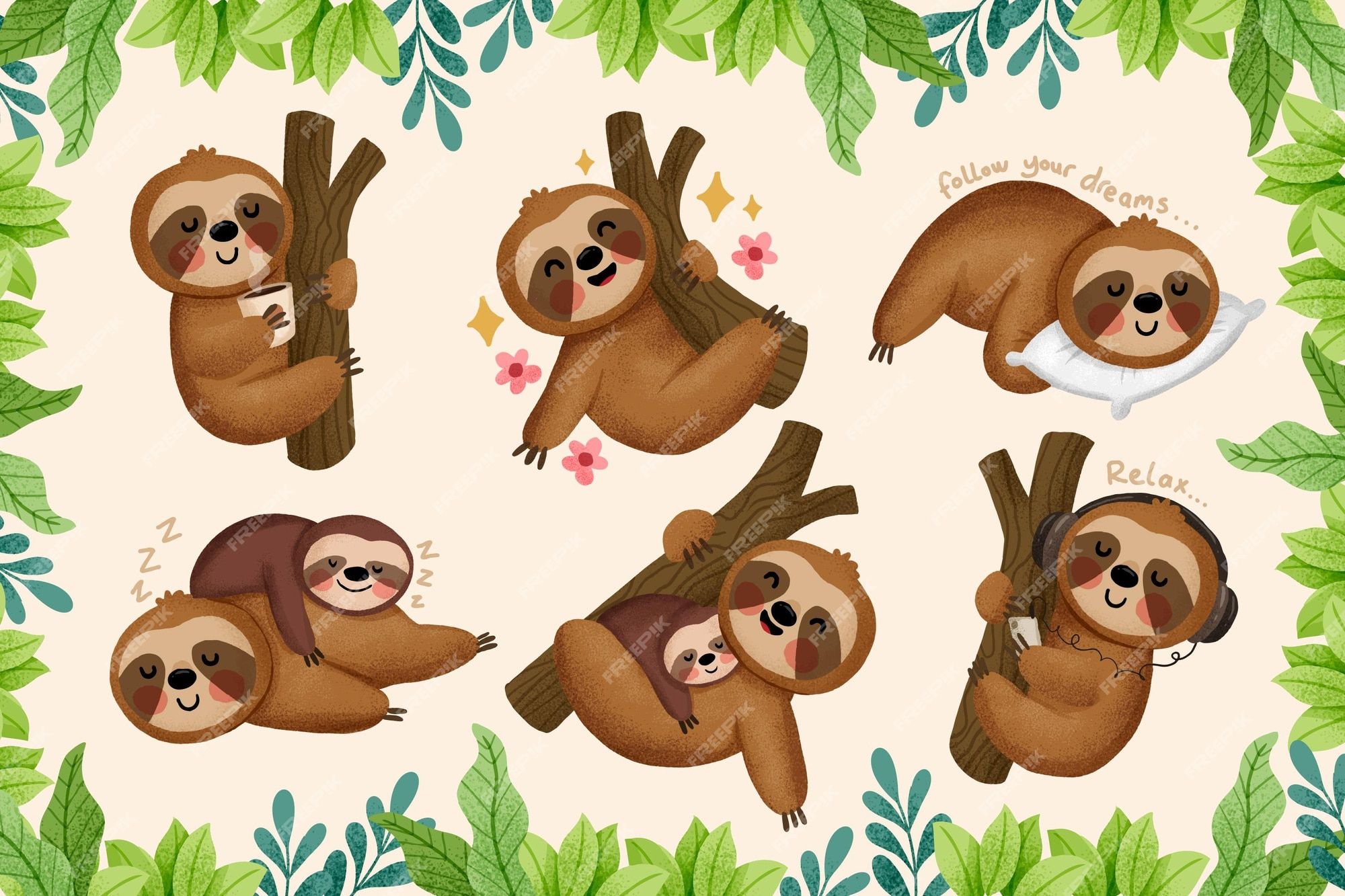 Cute sloth illustration set. Sloth hanging on a tree branch, sleeping, eating, relaxing. - Sloth