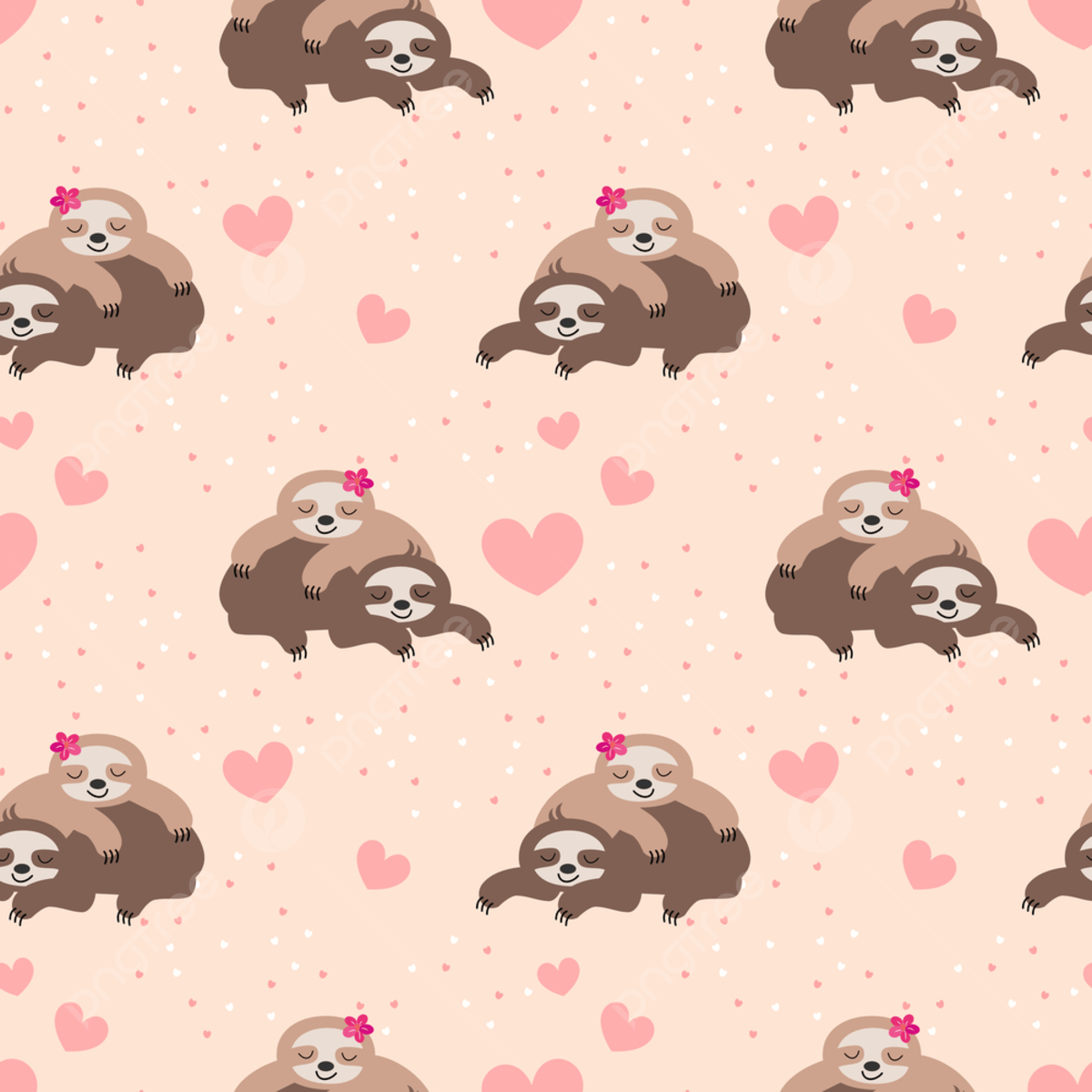 A pattern of sloths hugging and pink hearts on a pink background - Sloth
