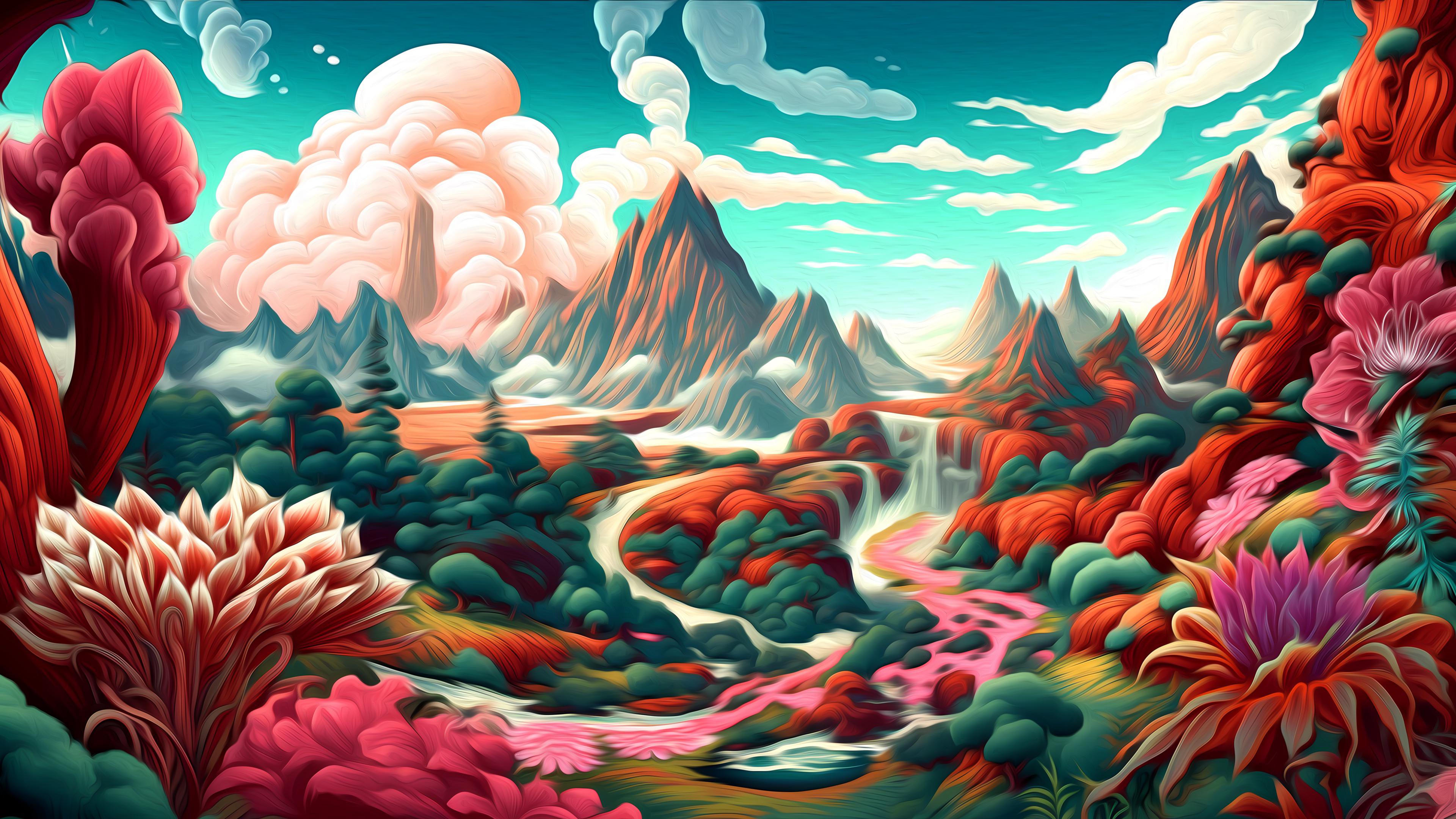 A colorful illustration of a mountain landscape with a waterfall and pink clouds. - 3840x2160, Windows 10, landscape, mountain