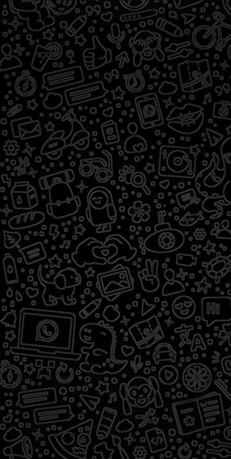 IPhone wallpaper with a pattern of white line drawings of various objects and animals on a black background - Doodles