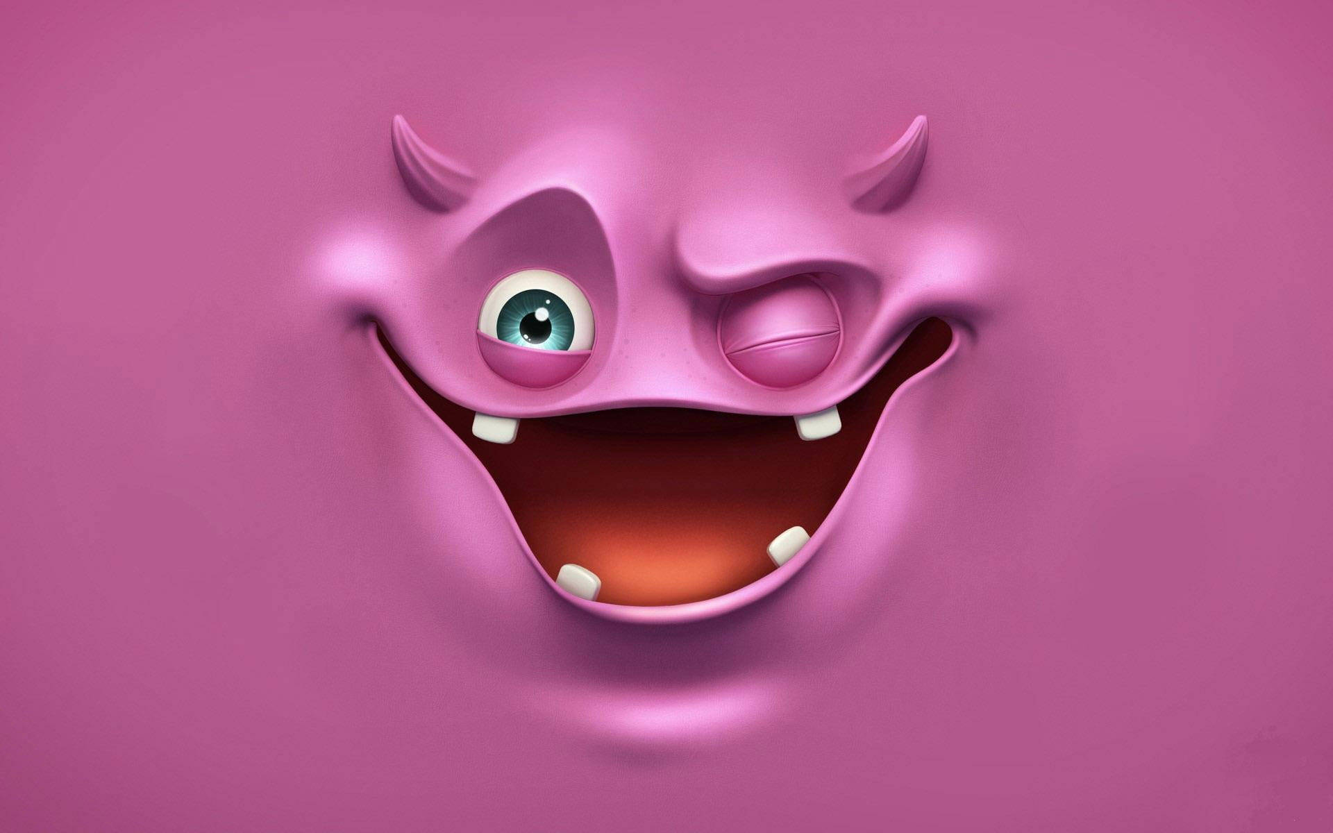 A pink cartoon monster with horns and a big smile - Slime