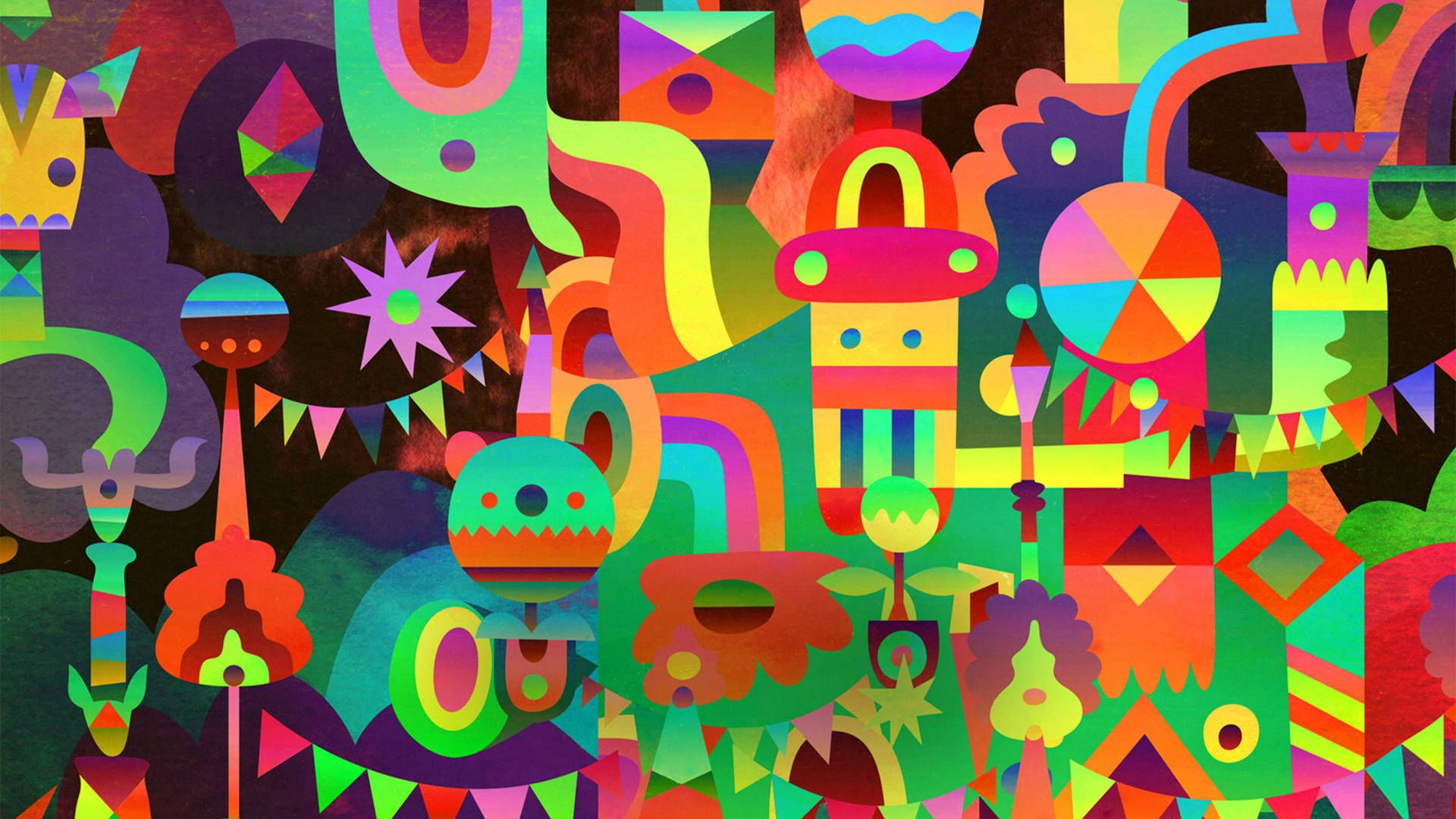 A colorful abstract painting of many different shapes and colors. - Doodles
