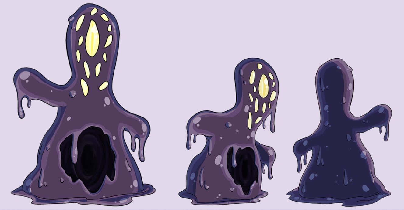 Three variations of a purple blob monster with yellow spots. - Slime