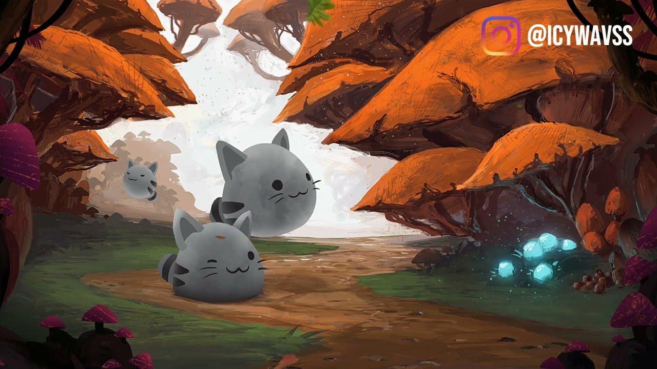 An illustration of a grey cat with two kittens in a forest. - Slime Rancher