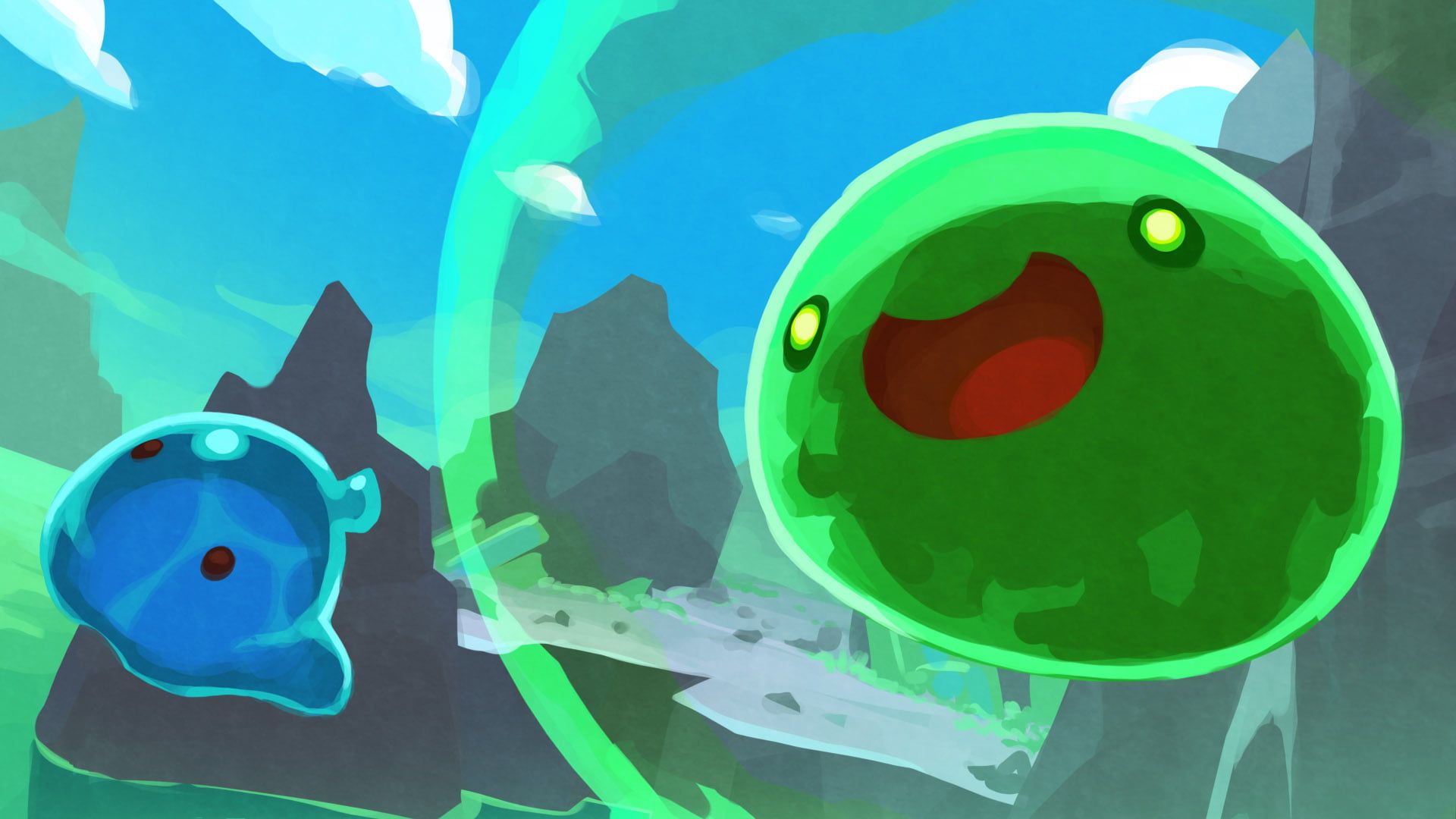 A screenshot of a green, red-eyed creature with a smile on its face, surrounded by a green mist. - Slime Rancher