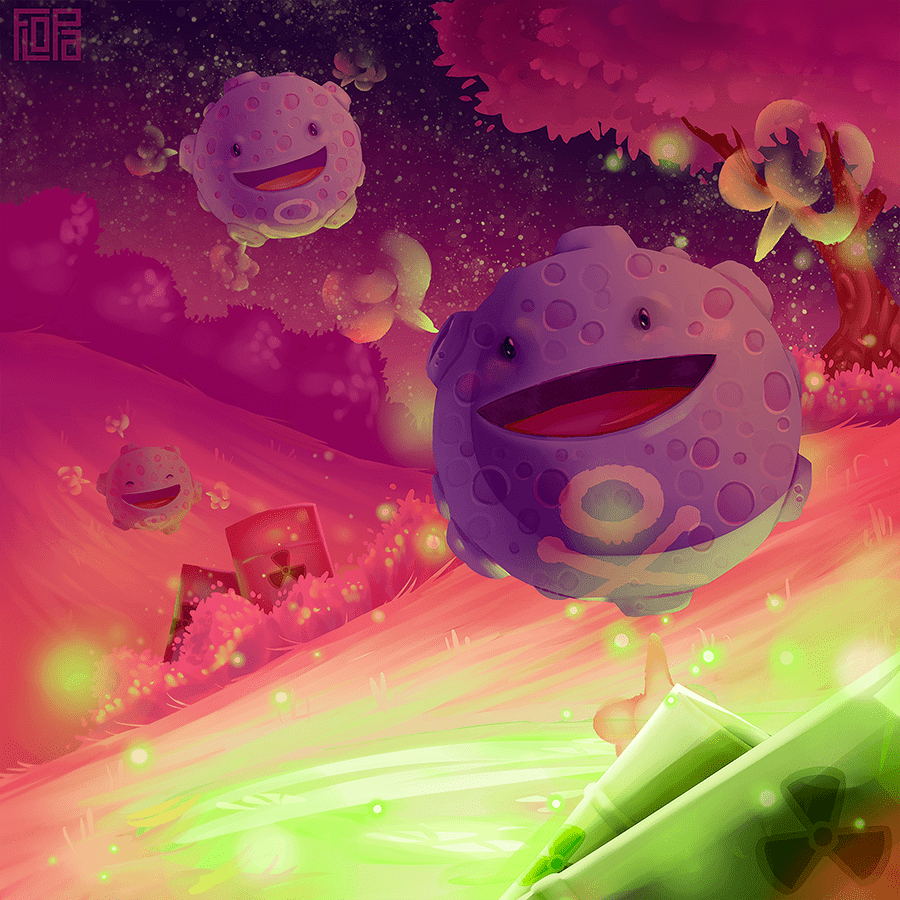 A digital painting of a purple blob character with a big smile, floating in a pink and green landscape. - Slime Rancher
