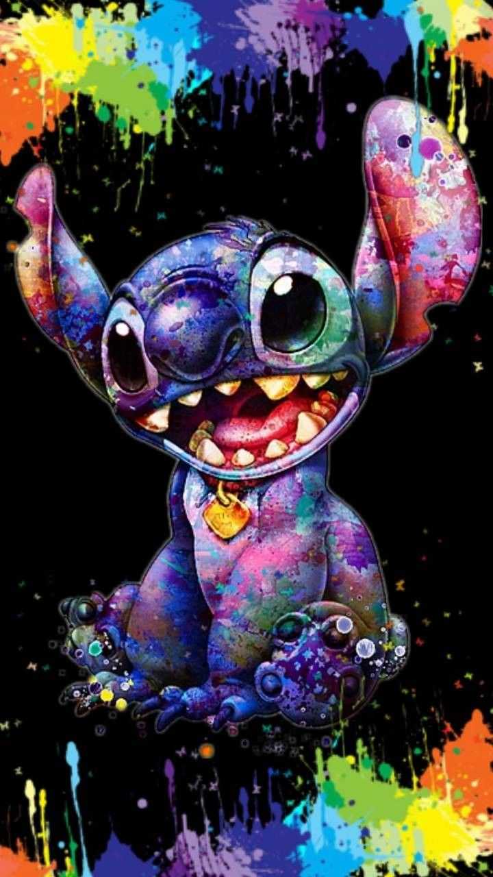 The stitch is a colorful character with paint splattered all over it - Stitch