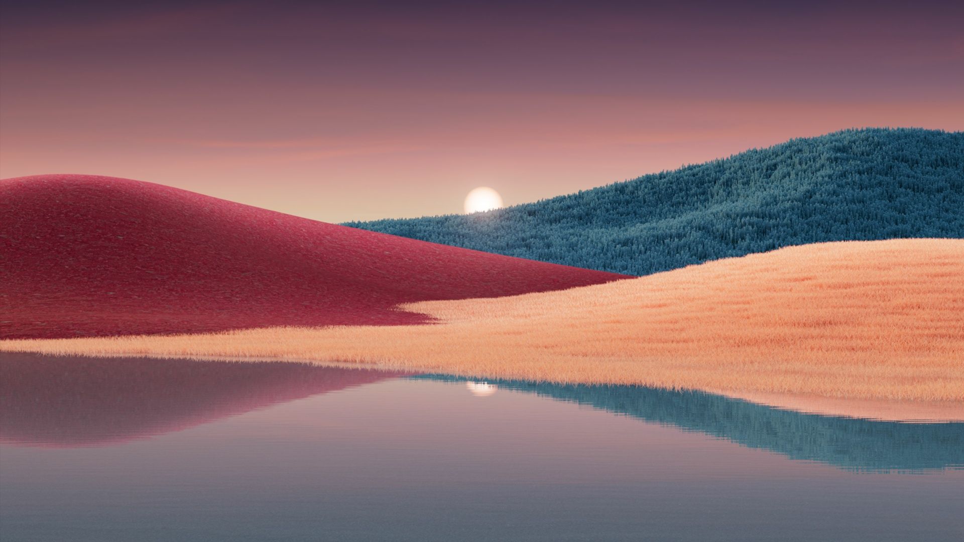 A red and blue landscape with a lake - 1920x1080