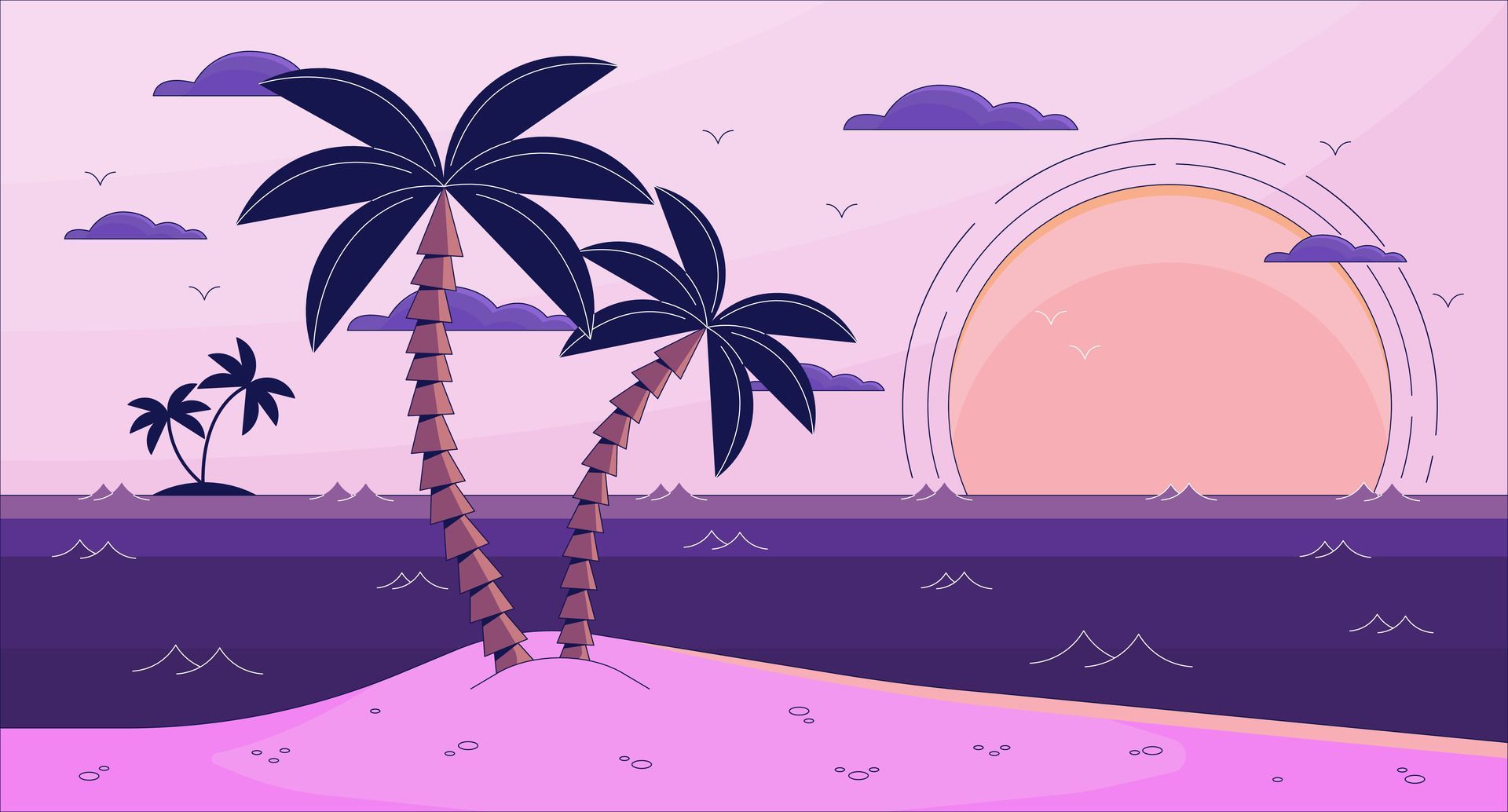 Bay lo fi aesthetic wallpaper. Sunset near ocean. Small island. Beach with palm tree and sand 2D vector cartoon landscape illustration, purple lofi background. 90s retro album art, chill vibes Vector