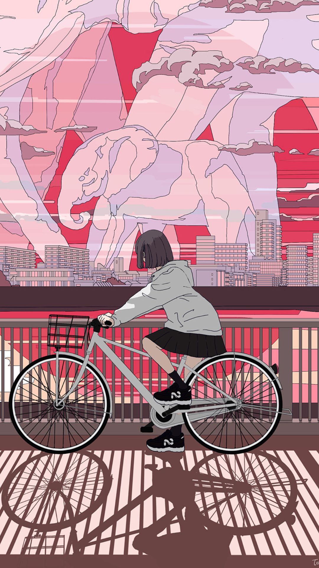 Anime girl riding a bicycle in the city wallpaper 1080x1920 - Lo fi