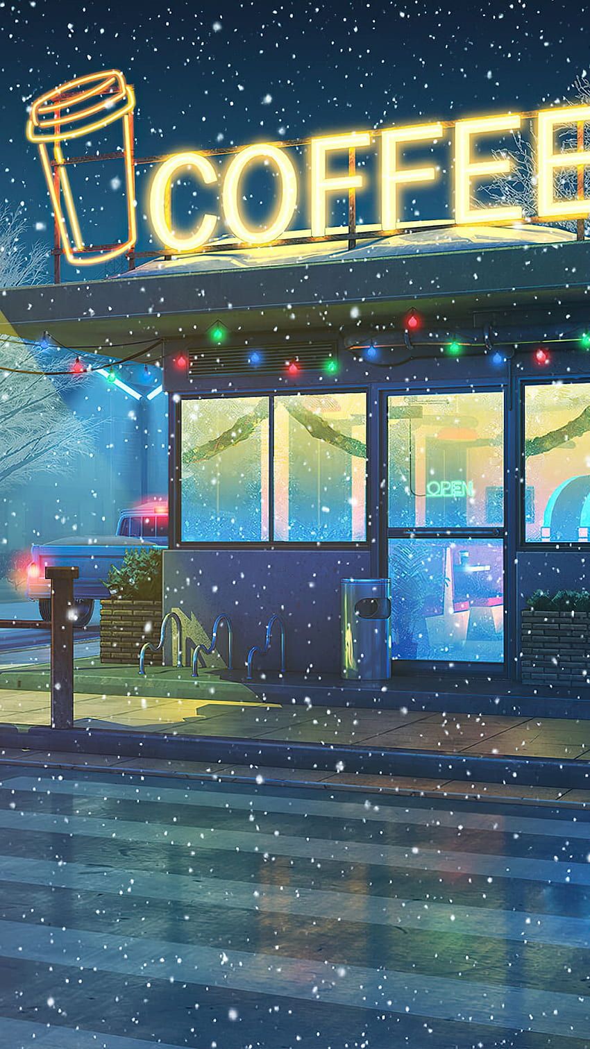 IPhone wallpaper with a coffee shop in the snow - Lo fi