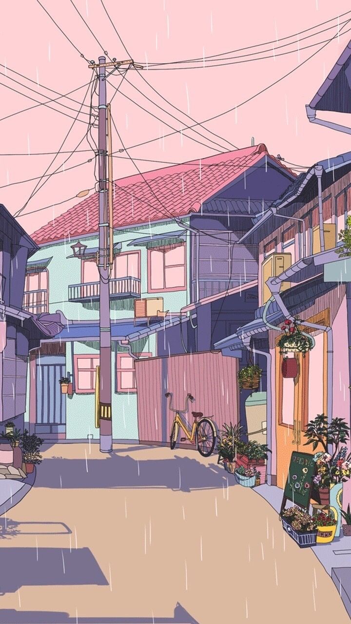Aesthetic anime background of a town with pink and blue buildings - Lo fi