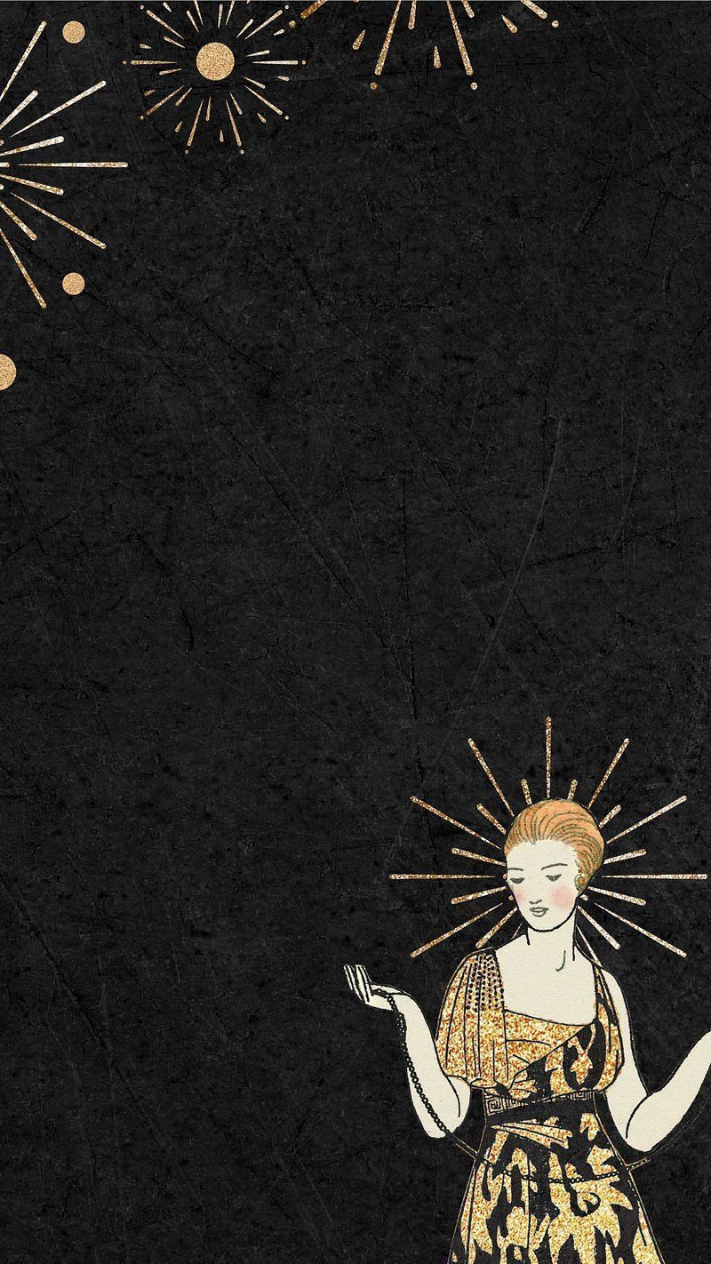 IPhone wallpaper with a black background and a gold illustration of a woman with a sun behind her - Border, witch