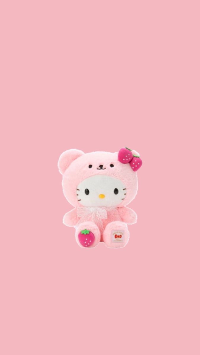 IPhone wallpaper of a pink stuffed animal cat with a pink bow on its ear. - Hello Kitty