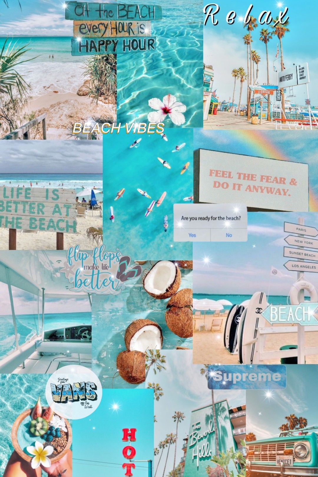 A collage of beach themed pictures including palm trees, the ocean, and a sign that says 