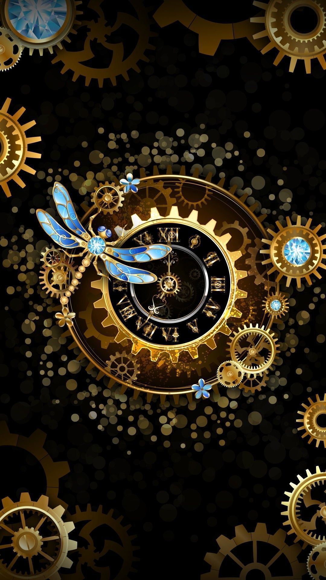 A clock with dragonflies and gears on a black background - Steampunk