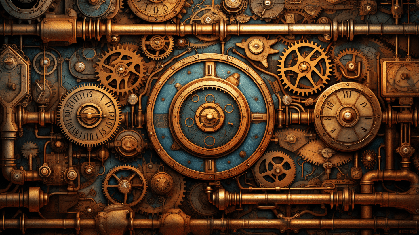 A picture of a large number of cogs and pipes in gold and blue. - Steampunk