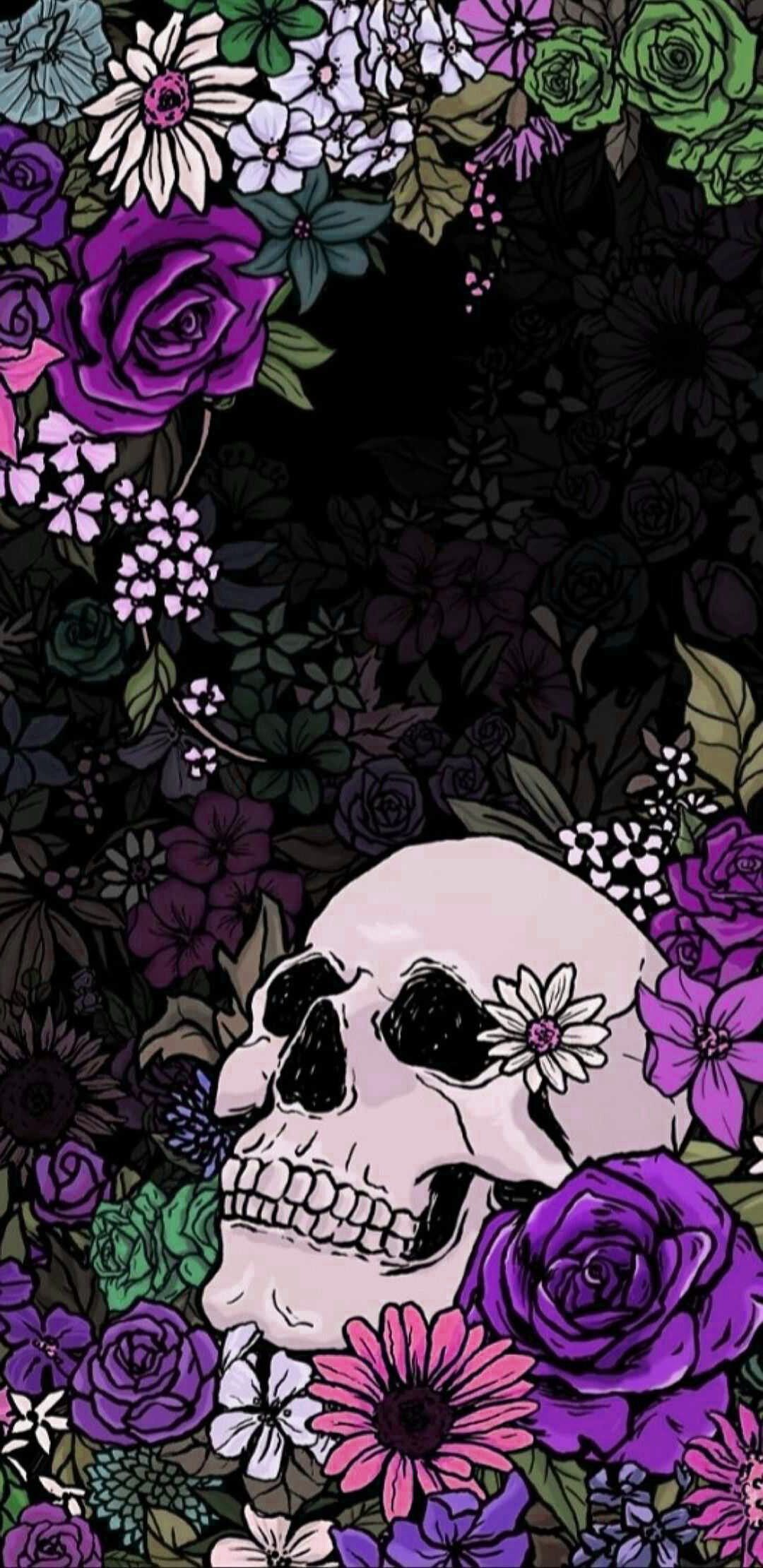 IPhone wallpaper with skull and flowers - Skeleton