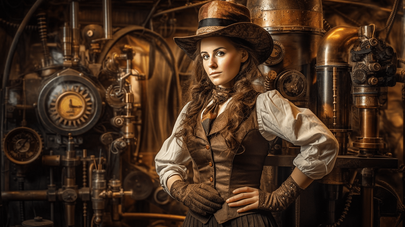 A woman in a brown top hat and brown waistcoat stands in front of a background of metal pipes and valves. - Steampunk