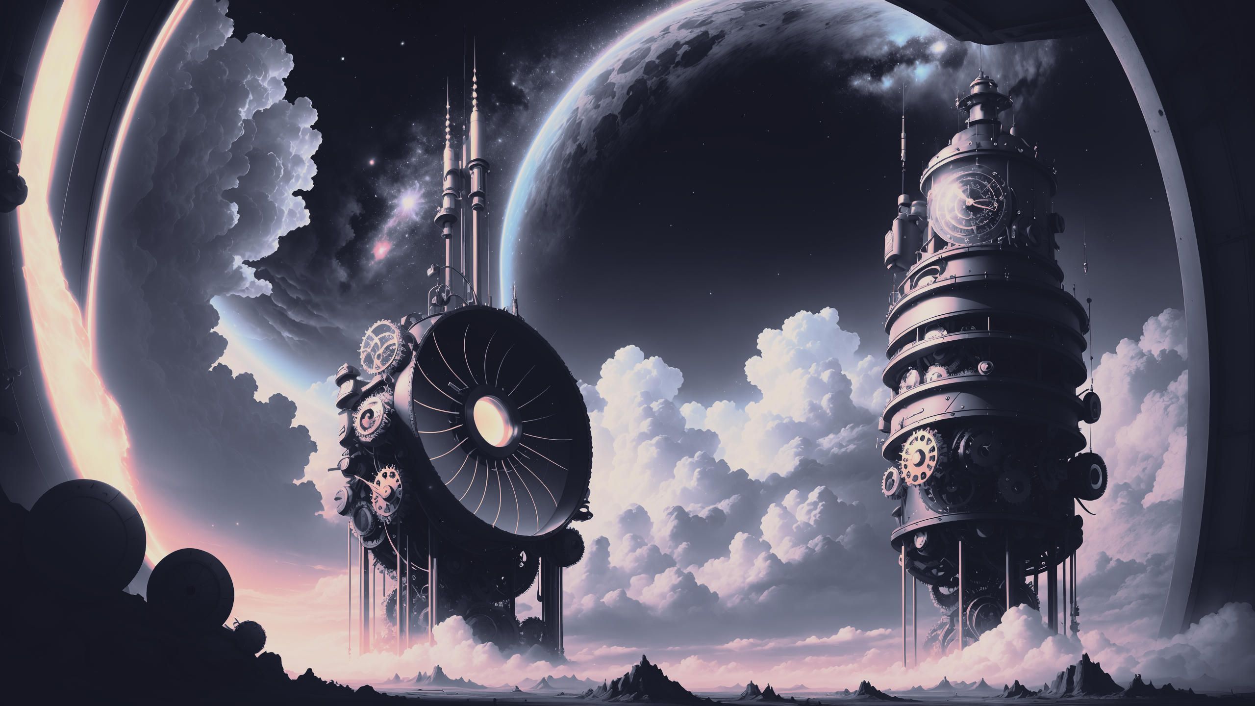 Two futuristic towers standing on a planet with a starry sky in the background. - Steampunk