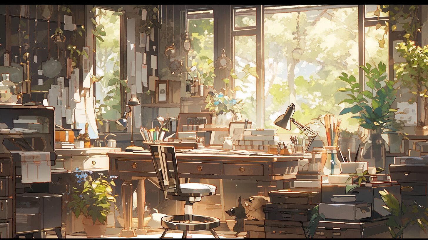 A digital painting of a desk in a sunlit room, surrounded by books and plants. - Steampunk