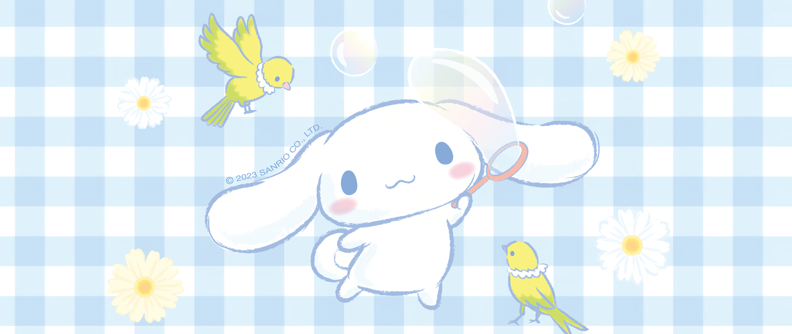 Cinnamoroll is playing with bubbles on a blue checkered background - Cinnamoroll