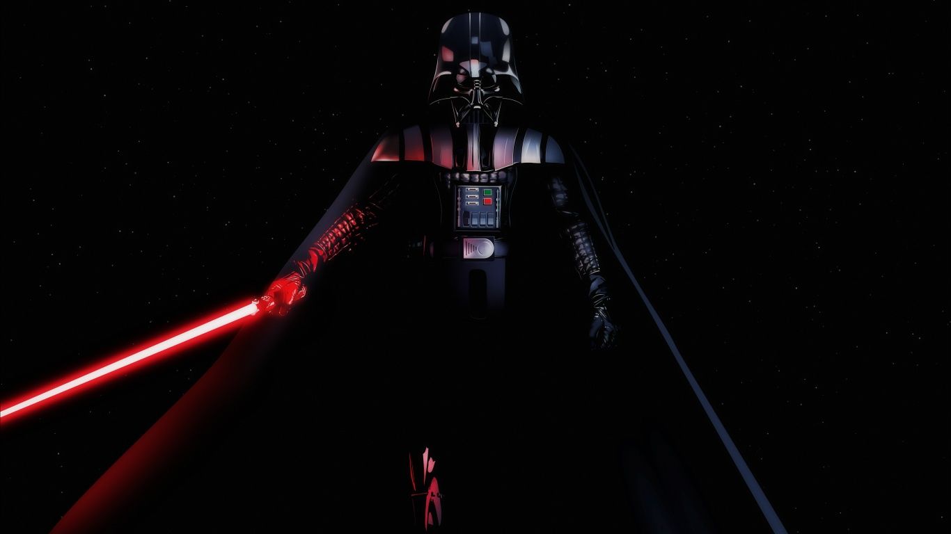 A darth vader image with a dark aesthetic and a red lightsaber. - Darth Vader