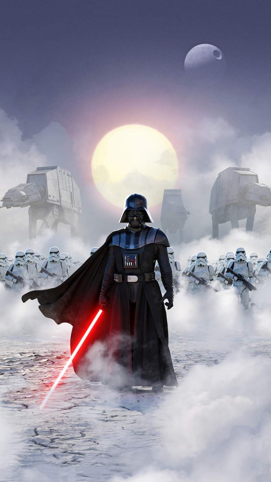 Darth Vader with a lightsaber in front of a group of Stormtroopers - Darth Vader