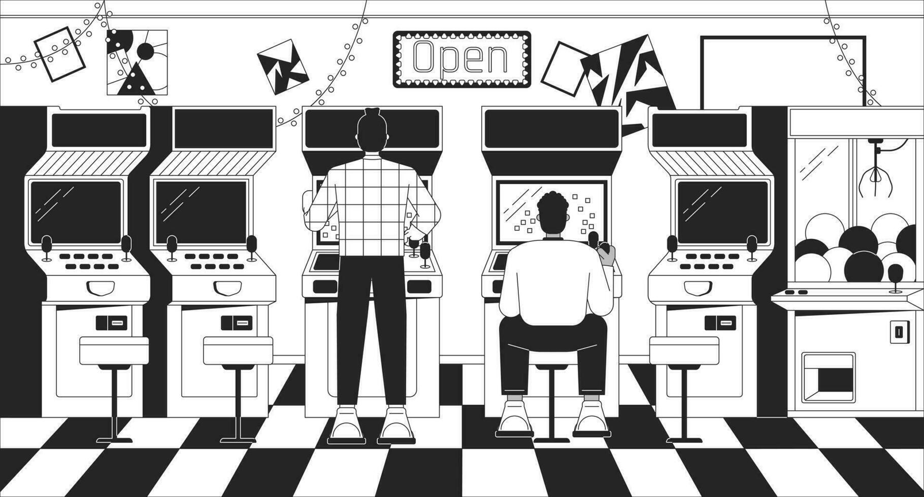 Arcade video gaming black and white lo fi aesthetic wallpaper. Old school machines outline 2D vector cartoon objects illustration, monochrome lofi background. Bw 90s retro album art, chill vibes Vector Art