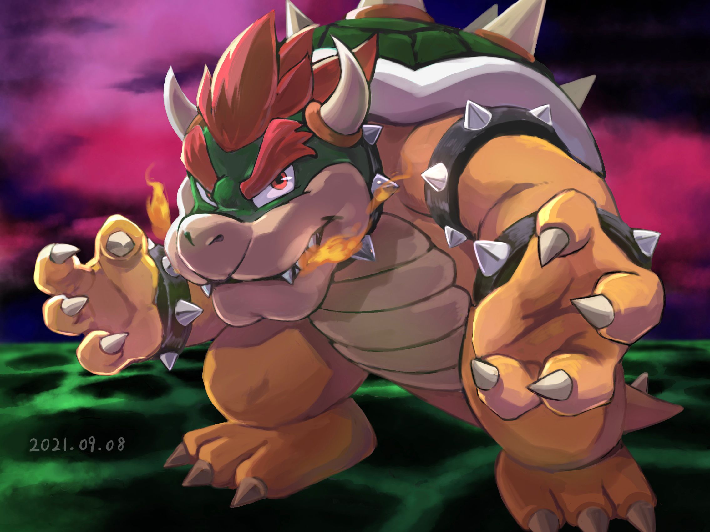 A digital painting of Bowser, the king of the Koopa, from the Mario franchise. - Bowser