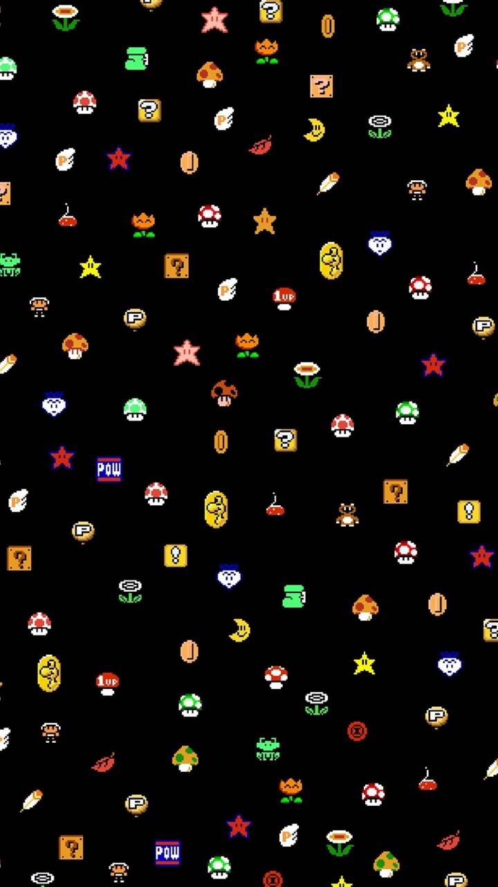 A black wallpaper filled with different Super Mario characters and objects. - Super Mario