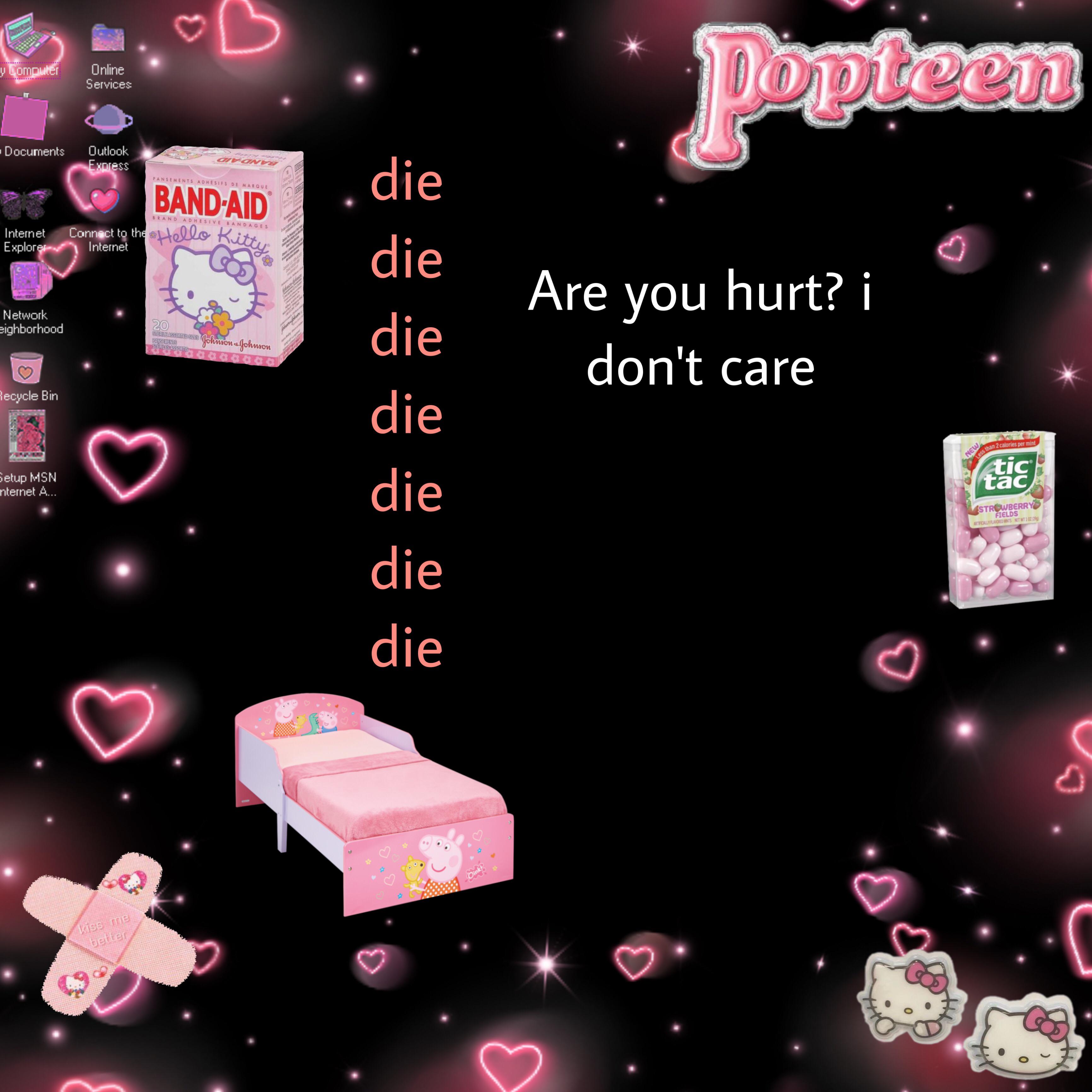 A pink background with hearts and a Hello Kitty bed. - Traumacore