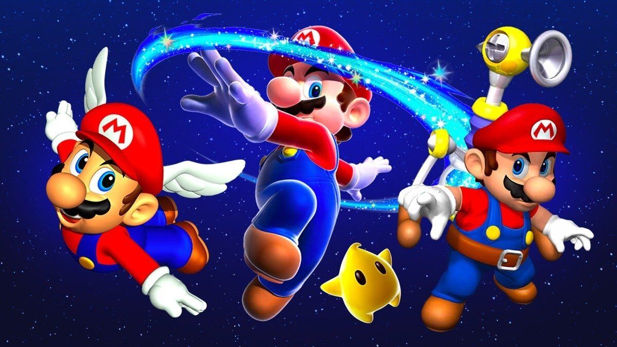 Mario and friends are flying through space in this image - Super Mario