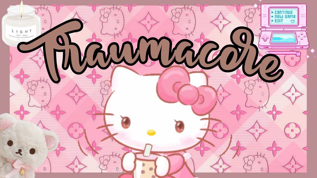 A pink and white background with a pink Hello Kitty holding a cup of coffee. - Traumacore