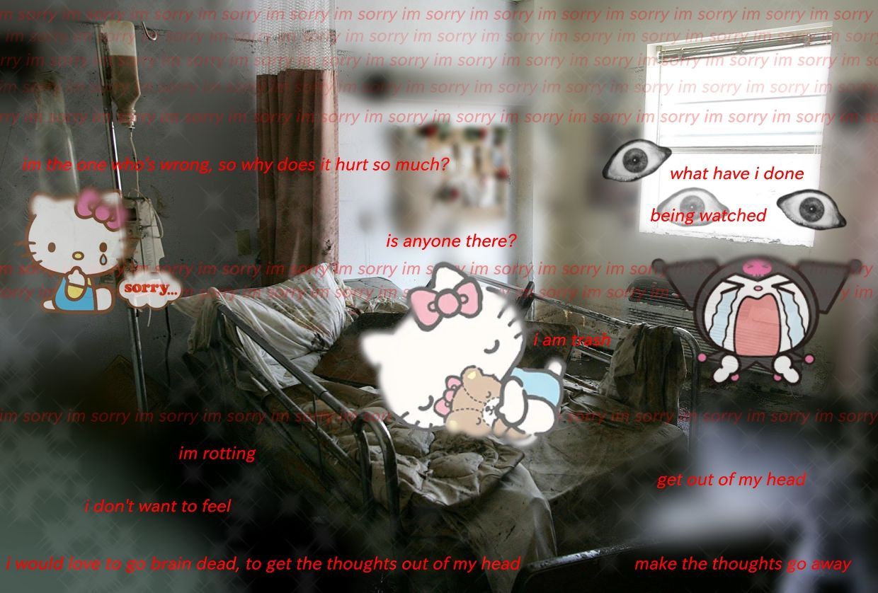 A room with a bed and a Hello Kitty poster on the wall. - Traumacore