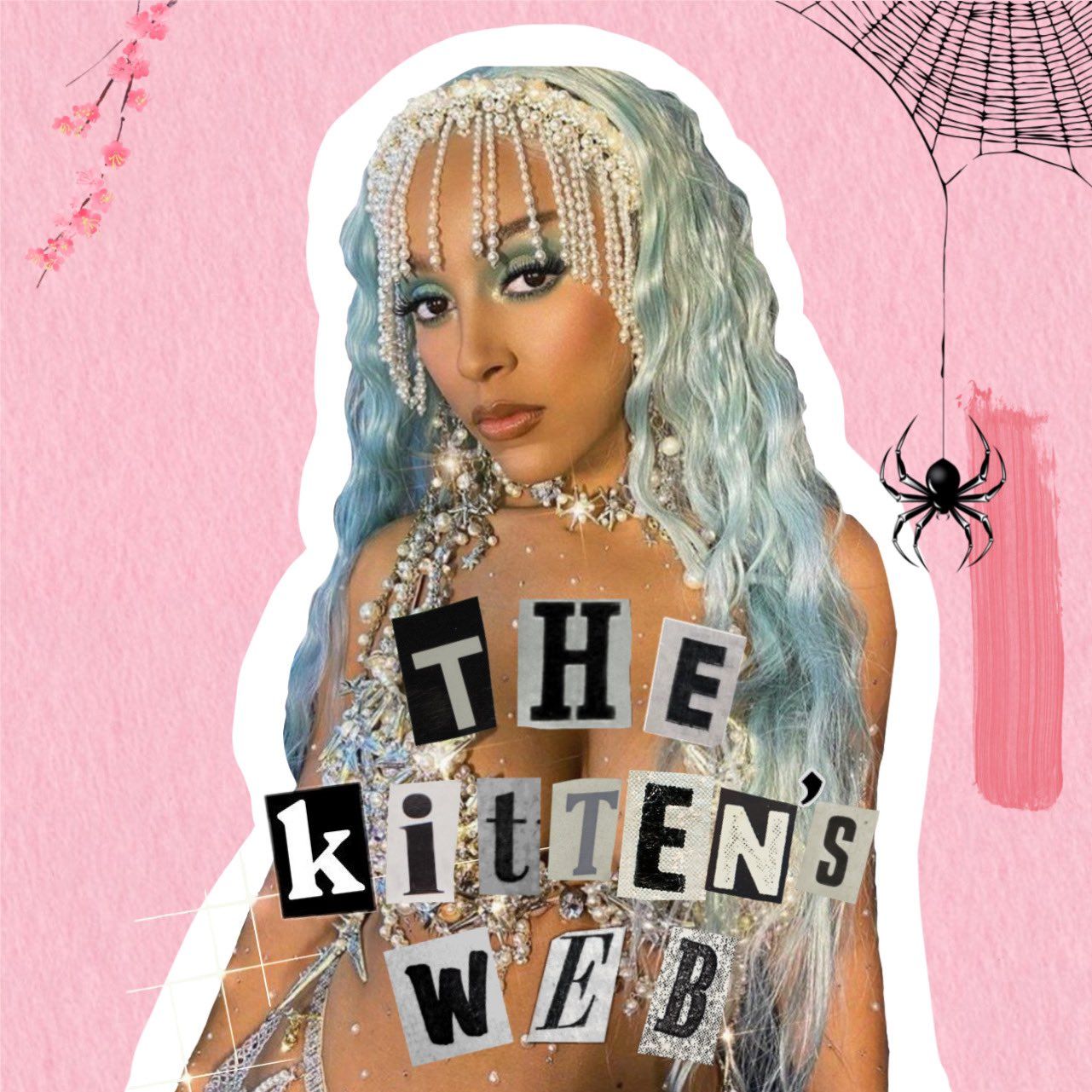 A collage of the cover of the book The Kitten's Web, with a picture of a woman with blue hair and a spider web behind her. - Doja Cat