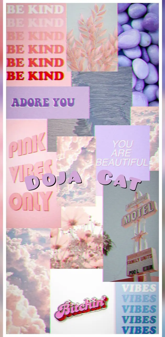 A collage of images including clouds, words, and a motel sign. - Doja Cat