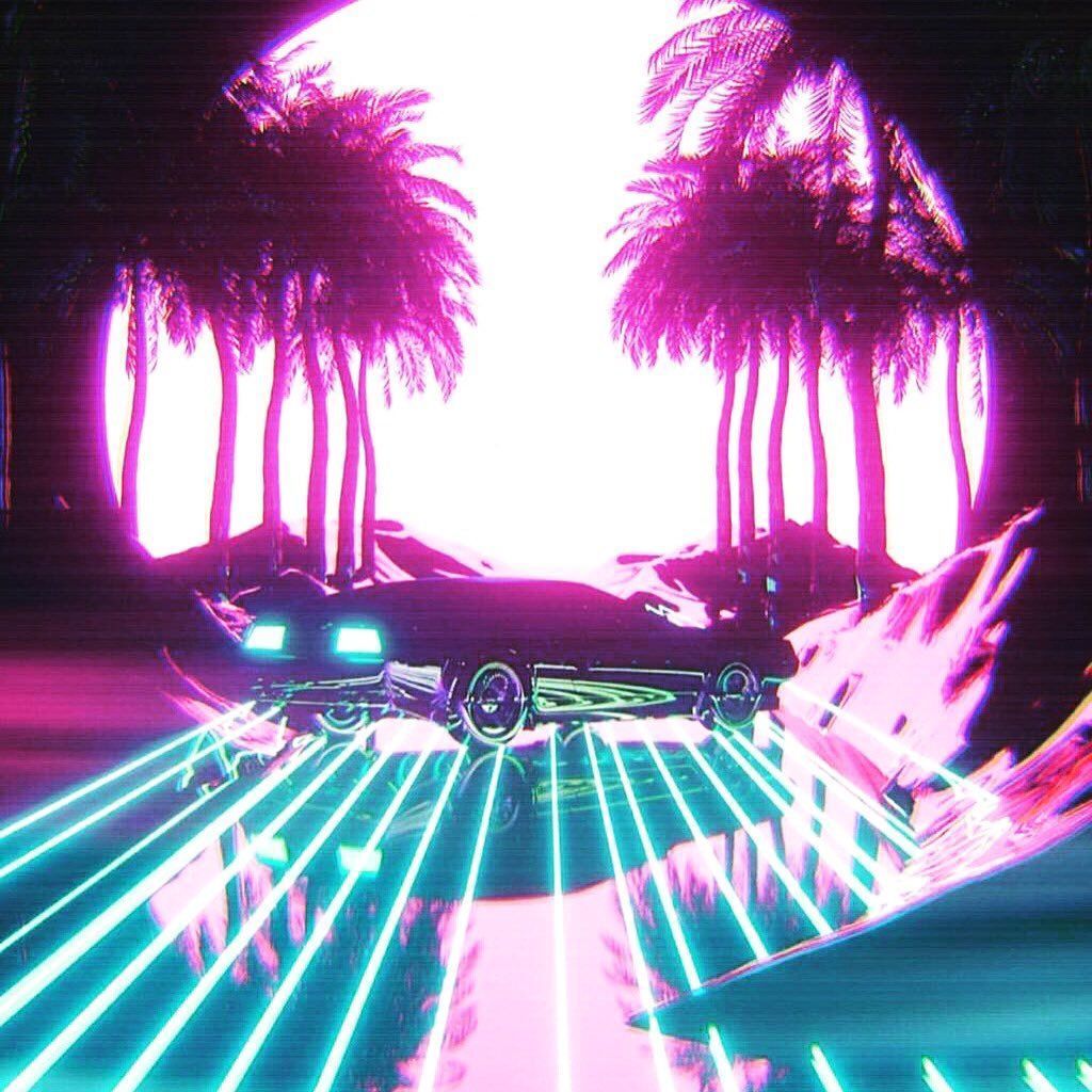 A neon art image of a car in a desert with palm trees - Miami