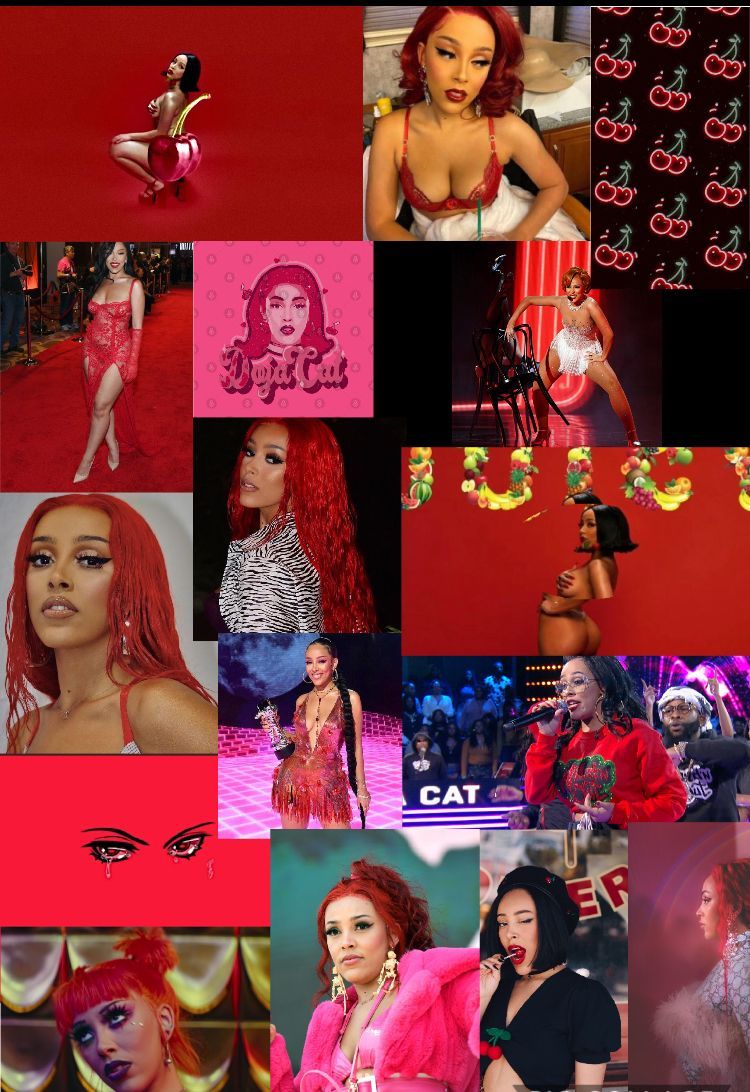 A collage of pictures of Cardi B in red and black. - Doja Cat
