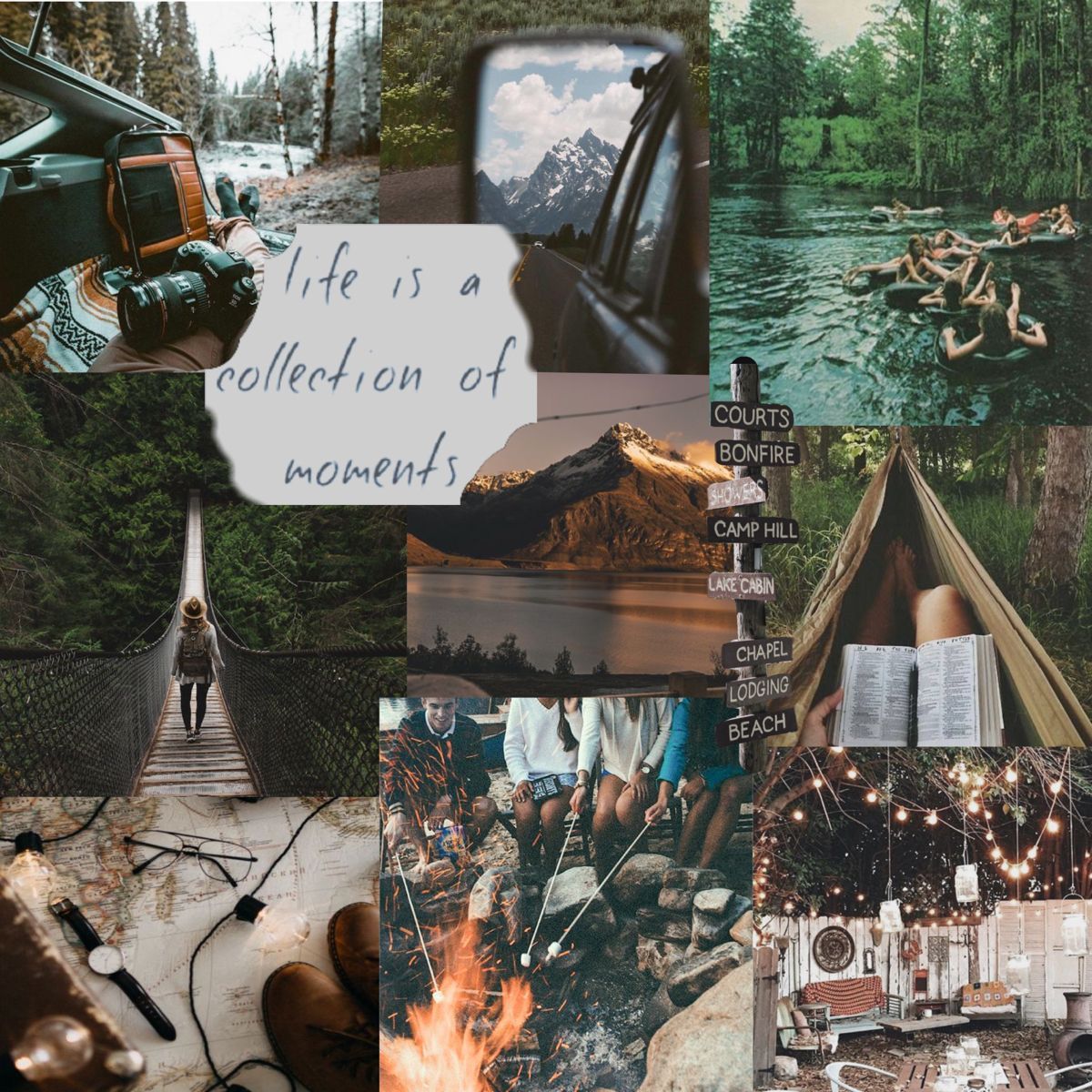 A collage of camping photos including a tent, a campfire, a river, and a truck. - Camping