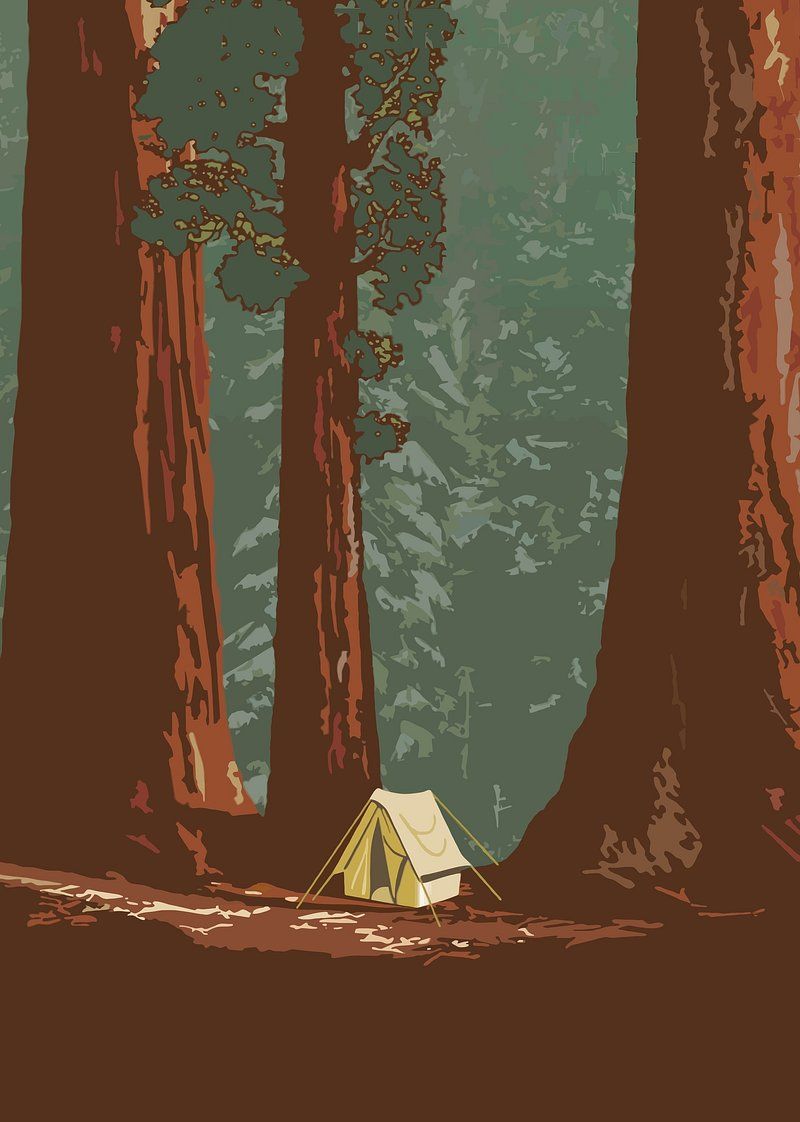 Illustration of a tent in the woods - Camping