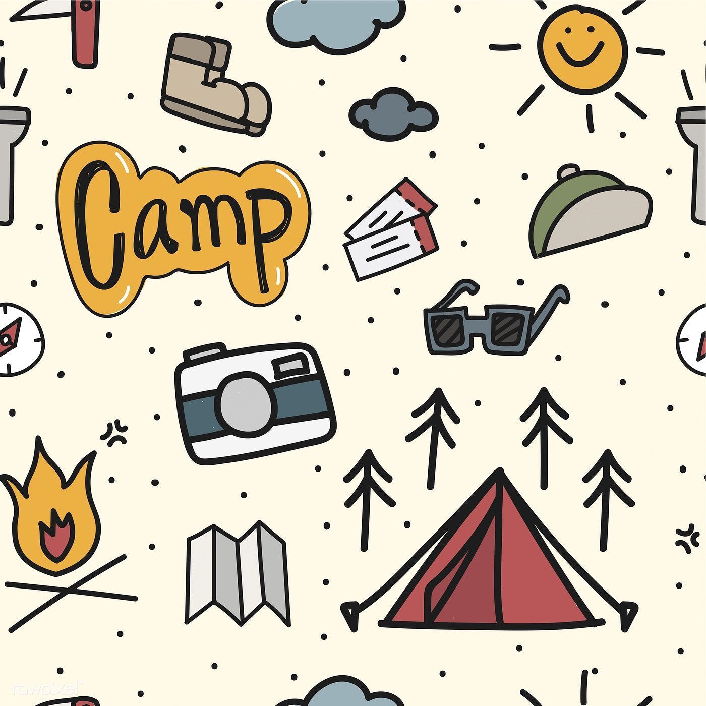 A pattern of camping gear and equipment. - Camping